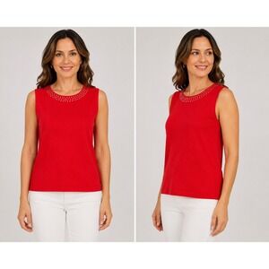 Carol Rose Petites Red Sleeveless Rhinestone Neck Knit Top‎ PXL Rayon Blend